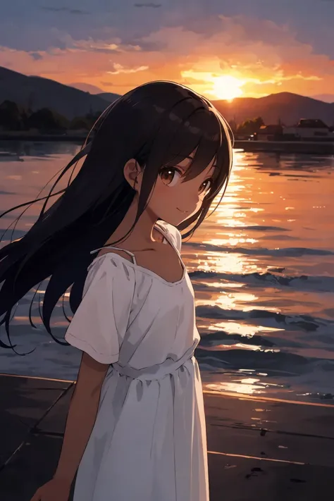 (finely best quality illustration:1.1),
(foreground in focus, background blurred), (blurred background), (post-apocalypse:1.1),
outdoors, sunset, concrete embankment, sea, prostitution,
vietnamese, solo, 13YO, 1Girl stabding on dock,
perfect anatomy, (brown_skin:1.1),
small_breasts, collarbone,
black hair,
long hair,
brown eyes, (narrowed_eyes:1.15), looking at viewer,
long eyelashes,
light smile,
simple white maxi dress, short sleeves,
BREAK
close-up,
from side, best quality,