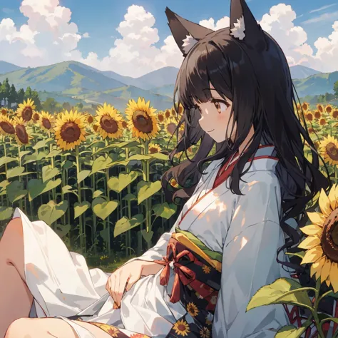 (finely best quality illustration:1.1), photo-realistic background, (depth of field, out of focus:0.8),  outdoors, summer, sunflower field  BREAK  solo, 16YO, 1girl sitting,(mesugaki:1.1),   black hair, fox girl, fox ears ,  asymmetrical bangs, wavy medium hair, flat chest, small  breasts,  clear __color-eyes__, happy smile ,  japanese cloth, kimono,  open legs wide, spread thigh,   side view, from side, upper body