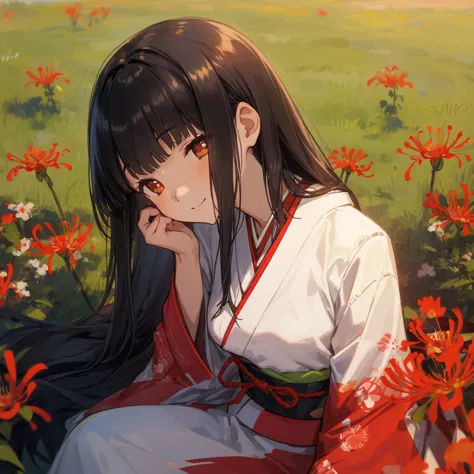 (finely best quality illustration:1.1), photo-realistic background, (depth of field, out of focus:1.15),  outdoors, summer, red spider lily field  BREAK  solo, 16YO, 1girl sitting, profile,    high-detailed hair, shiny black hair, blunt bangs, straight long hair, small  breasts,  eyes visible through hair, (closed:1.1) dark brown eyes, (empty eyes, no pupils:1.1),   sleepy, smile, half-closed mouth, head tilt,  japanese cloth, kimono,  head on, from above ,    floating Small light Particles