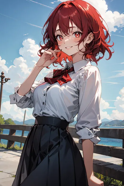 anime girl with red hair and white shirt posing on a bridge