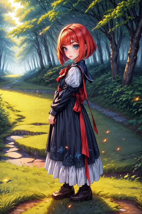 a girl in a dress standing in the middle of a forest