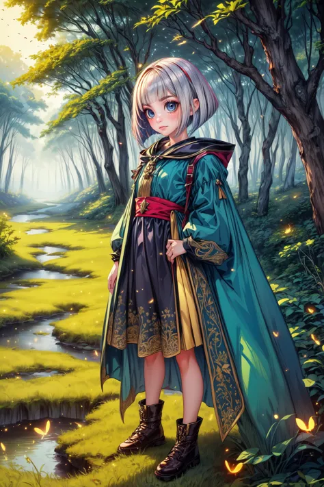 a girl in a green dress and a blue cape stands in a forest