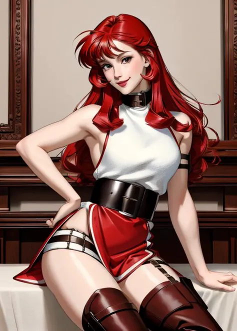 a woman with red hair and boots sitting on a table