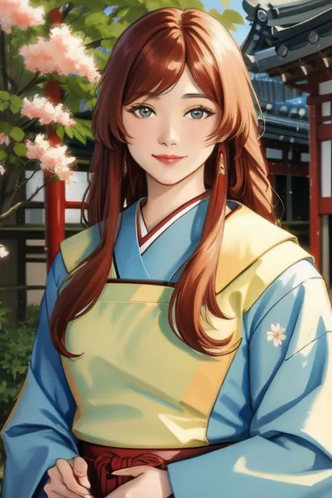 illustration of a beautiful oriental woman, looking at the viewer, dynamic pose, impressionist style, tetradic colors, upper body photo, long straight hair, soft red lipstick, smiling, Japanese high school uniform, school backpack, sakura flowers, Tokyo city, enlarged, expansive, dynamic, better quality, better resolution.