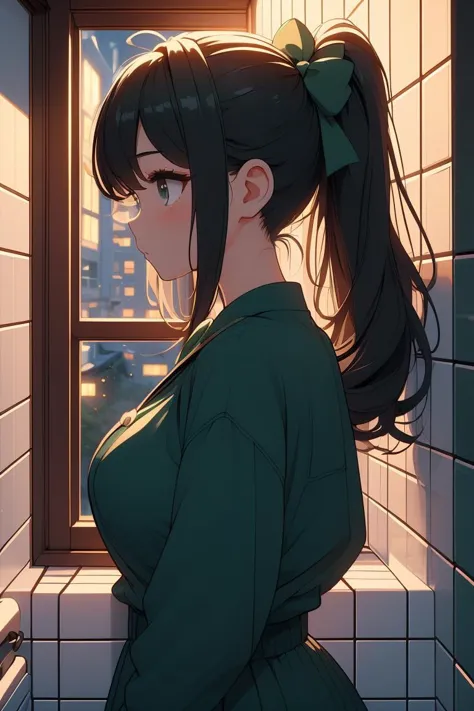 (masterpiece, best quality), 1girl,  Forest green Voluminous High Ponytail with Bow, Size B breasts,   <lora:girllikewindowviews:1> window views, from side, overlooking, night, alley, white tile walls