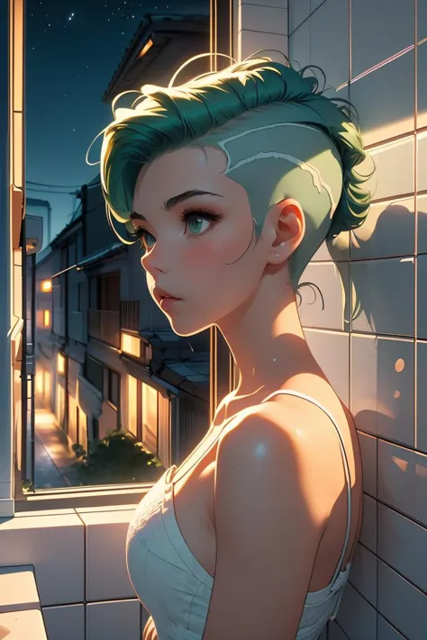 (masterpiece, best quality), 1girl,  Spring green Textured Quiff with Low Fade, medium breasts,   <lora:girllikewindowviews:1> window views, from side, overlooking, night, alley, white tile walls