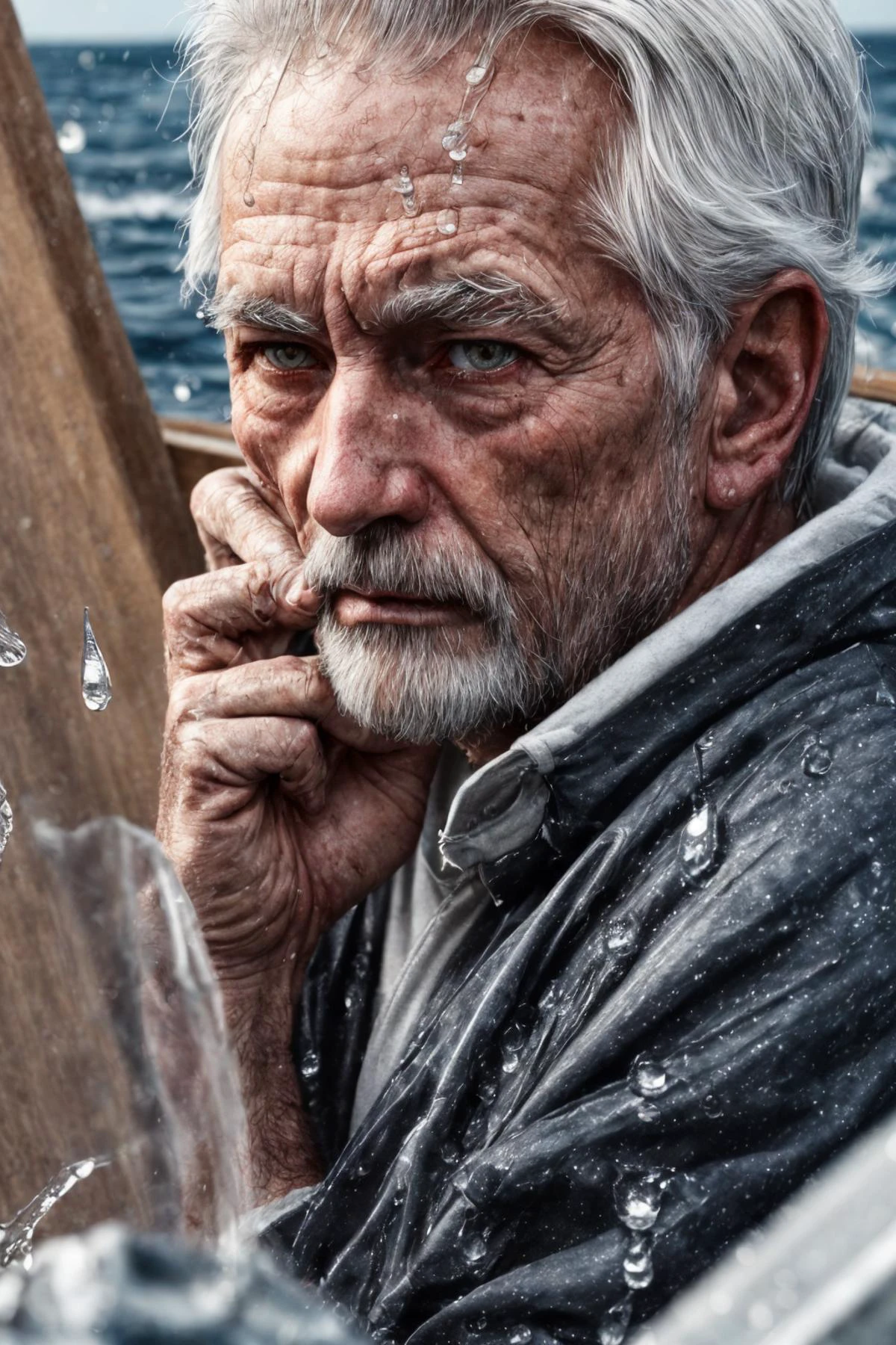 (RAW photo, 8k uhd, Analog style, Masterpiece, Best Quality, Highres:1.4), (dramatic, cinematic:1.2), BREAK,
movie shot of (80 yo:1.2) (old male:1.3) (fisherman:1.25) (sailor man:1.25) (sitting:1.1) (on deck:1.35) of (old dilapidated:1.2) (wooden sailboat:1.3), against railing, (from side:1.2), (stern face:1.2), (deep wrinkles:1.2), (gray long beard:1.3), (grey eyes:1.2), ((shabby:1.2) old (torn:1.15) (raincoat:1.1), brown (pants:1.1), (sailor hat:1.1) (sou'wester:1.2), jackboots:1.1), (lowered head:1.2), (tired sad expression:1.15), BREAK,
(stormy sea, gloomy dark clouds:1.2) on background, (splashes, water drops, rain:1.25), (seafoam:1.1), (flying white seagulls:1.25), (rocks, cliffs:1.3), (dark haze:1.2), (wet clothes:1.1), fishing (nets with fish:1.3) on deck, (ropes:1.1), (tense hopeless eerie atmosphere, cold, floes:1.2), BREAK,
(photorealistic:1.3), (rough details, (male focus:1.1):1.2), (desaturated, cold lighting:1.3), (hyperdetailed, absurdres:1.2), BREAK,
