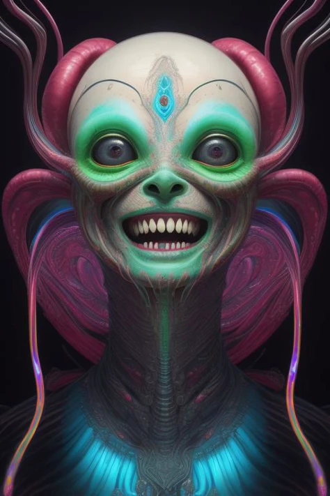 impossibly beautiful portrait of alien shapeshifter entity, insane smile, intricate complexity, surreal horror, inverted neon rainbow drip paint, trending on art station, photoreal, 8 k, octane render by greg rutkowskibody, full body, dynamic face