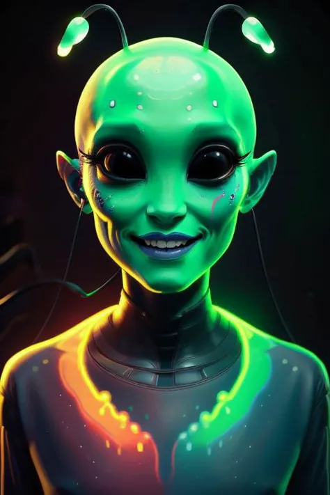 impossibly beautiful portrait of alien shapeshifter entity, insane smile, intricate complexity, surreal horror, inverted neon ra...