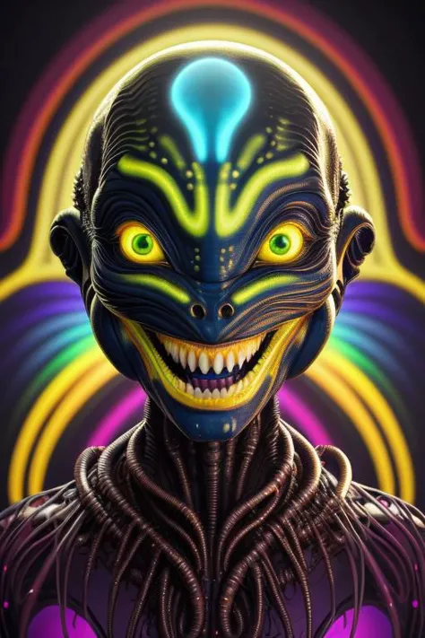 impossibly beautiful portrait of alien shapeshifter entity, insane smile, intricate complexity, surreal horror, inverted neon ra...
