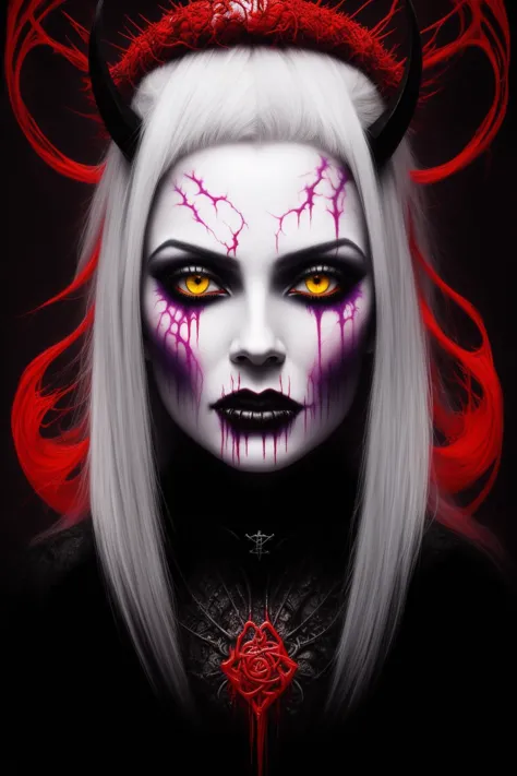 girl with a pretty face, white hair, purple eyes, Hellwalker, incombing death, hell, black bloody veins growing and intertwining...