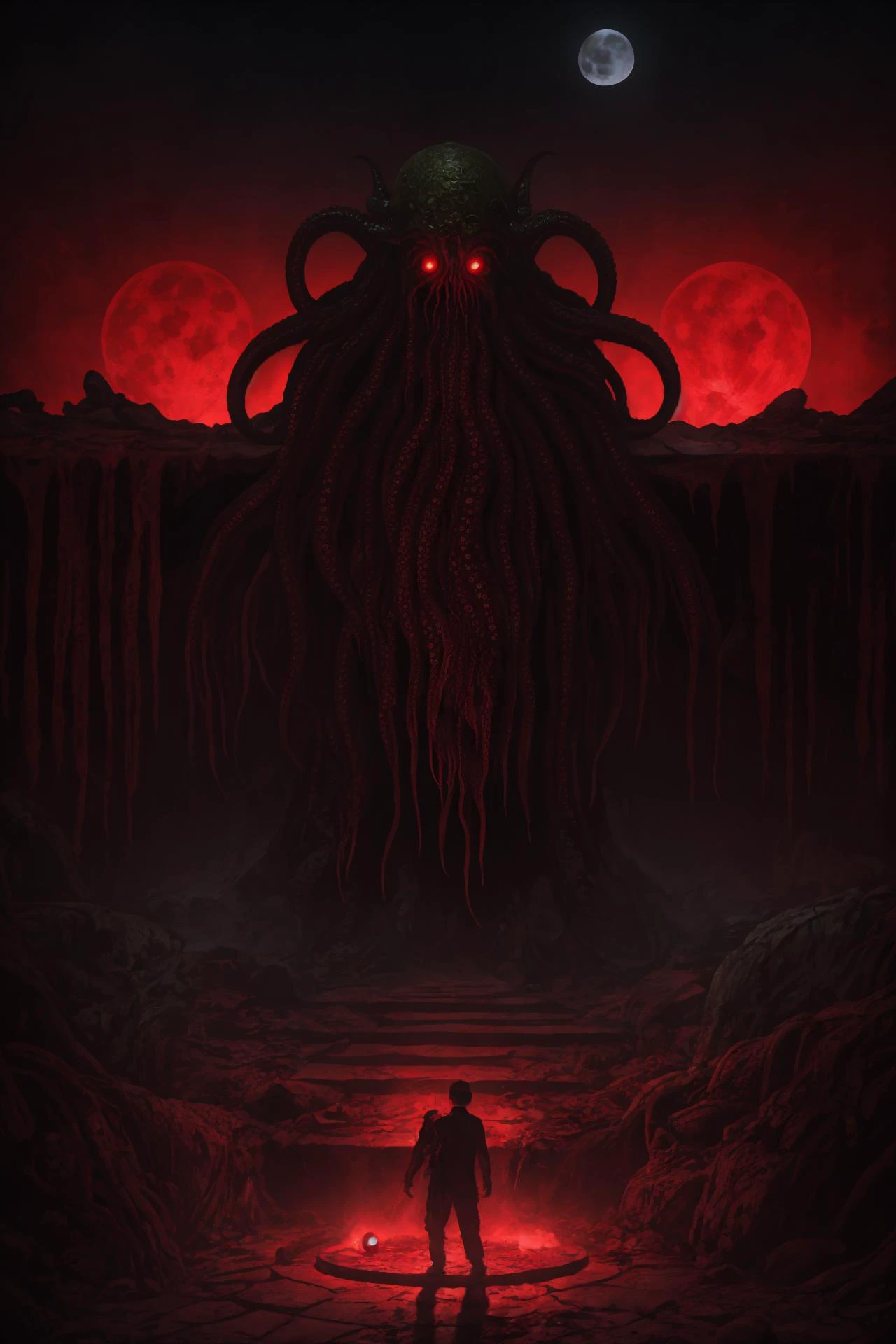 (((colorful))), Cult of Cthulhu, hyperrealism, hyper realistic color photo, realistic photography, dark atmosphere, HDR, ultra detailed, sharp theets, high quality render, ultra realistic shadows, ultra defined, bloody red waterfall, moon, cult of ctulhu, bloody ritual, red runes circle, Cthulhu howering on backgroundcsu, underground, cross-section, from side
 YaPAseer, horror
