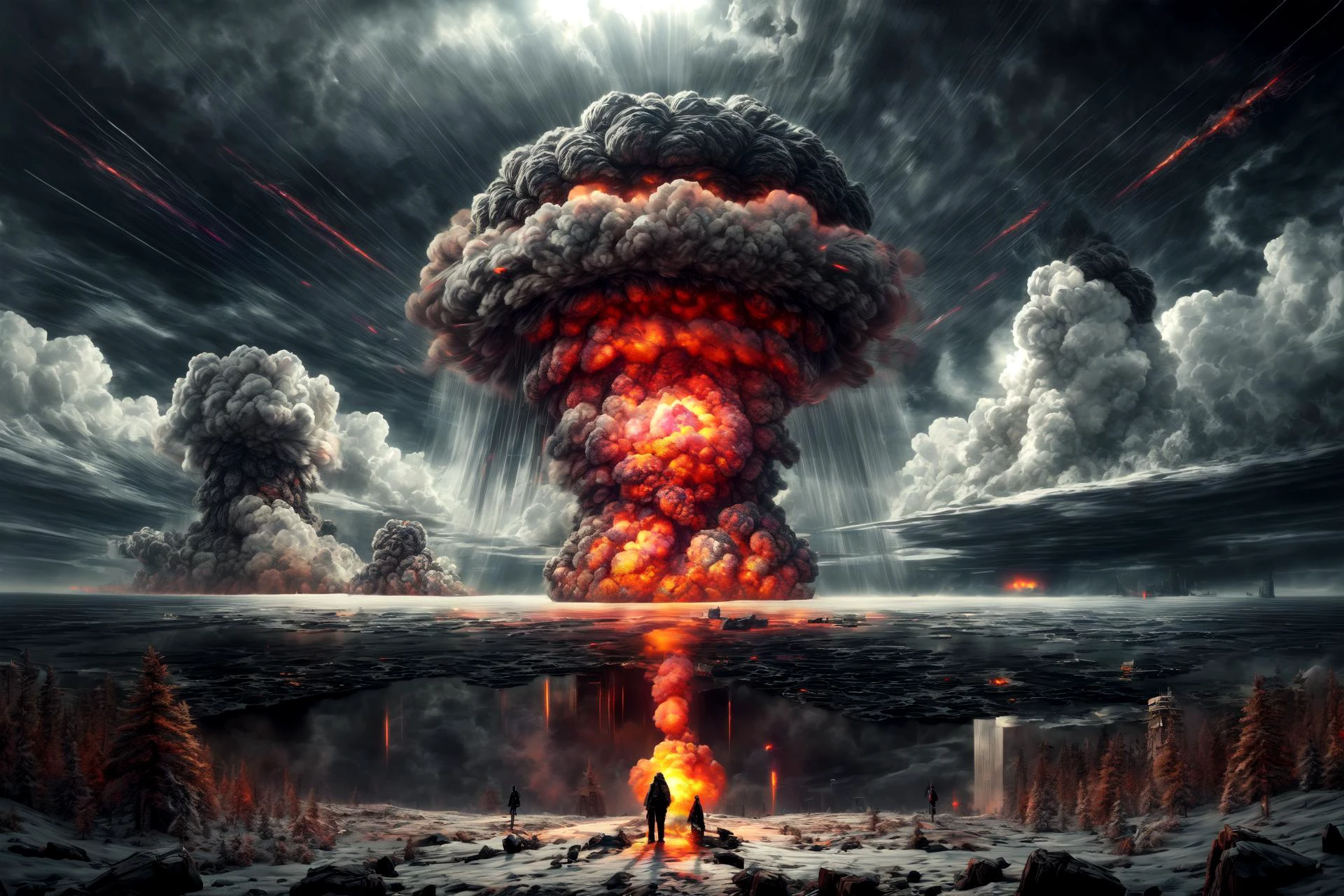 masterpiece, best quality, highres, 8k, (((colorful))),  martius_fuzz, one large illuminated nuclear blast with shockwave by emb-nuke2 in the distance, long distance shot 