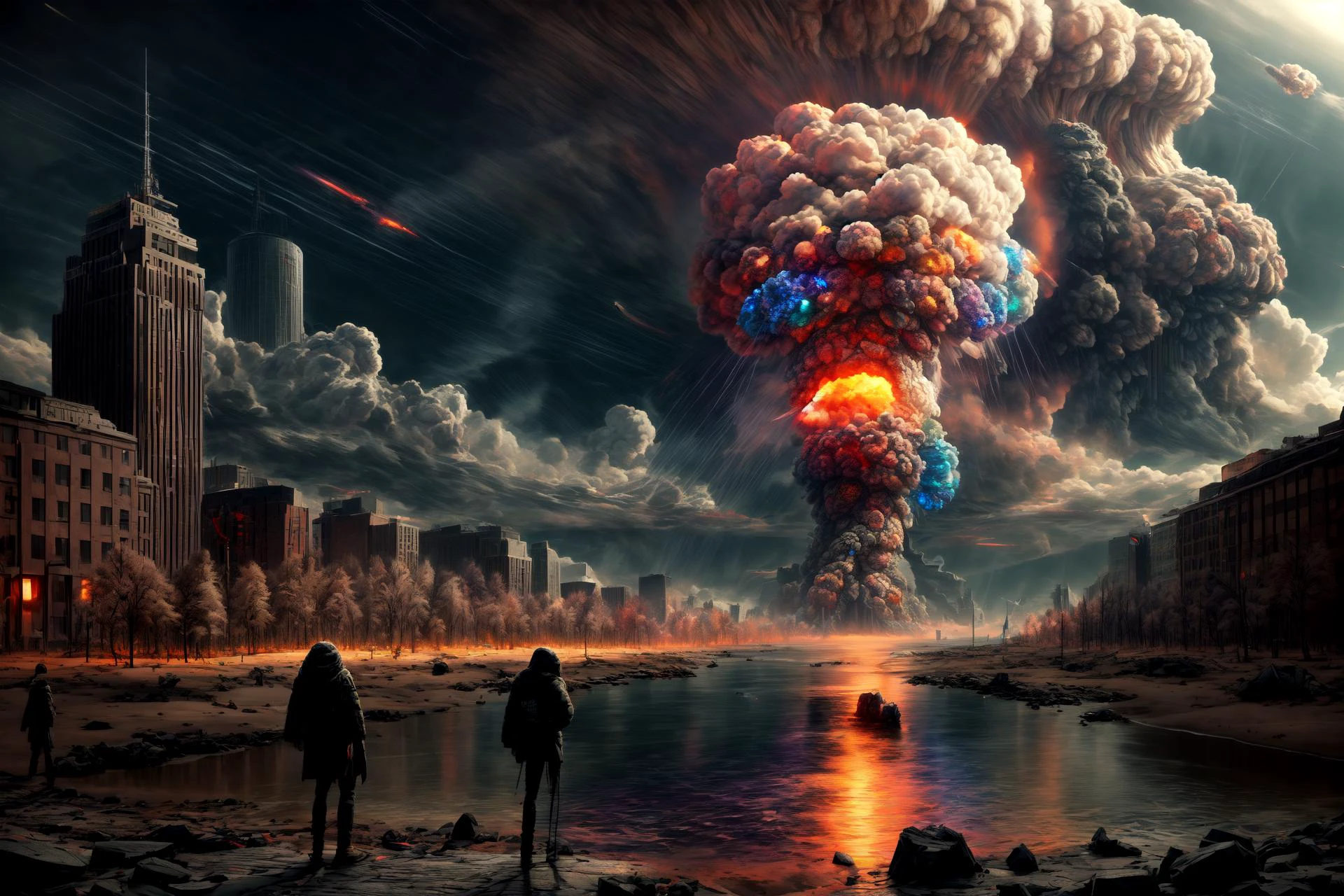 masterpiece, best quality, highres, 8k, (((colorful))),  martius_fuzz, one large illuminated nuclear blast with shockwave by emb-nuke2 in the distance, long distance shot 