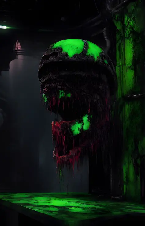 a dangerous looking man green, blood on top of a table with a demon head, in the style of giger in the hole, hyperrealism, realistic photography, dark atmosphere, realistic blood, high quality render, ultra realistic shadows