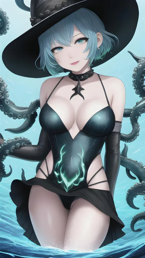 a photo of a sea witch, green short hair, evil, villain, she's coming for you, up close, dark ocean,( under water:1.1), lightning, glowing eyes, wearing a dress made out Seaweed, tentacles, octopus, (up close:1.3)