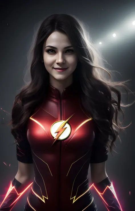 1girl, (torned clothes:1.1), cinematic lighting, dark, shadows, red background, (crazy smile,constricted pupils, small pupils:1.2), dark scene, (shot of a 30 yo woman wearing the flash costume), athletic, (overloaded energy flashes across her entire body a...