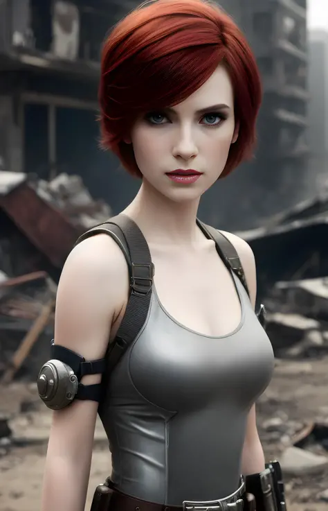 a close up portrait photo of girl in wastelander clothes,redhair,short haircut,pale skin,slim body,background is city ruins,(hig...