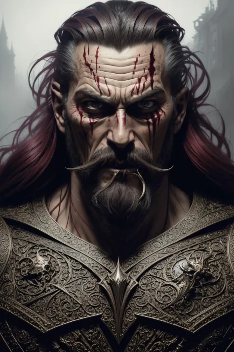 (masterpiece), (extremely intricate), fantasy, (((photorealistic photo of an evil hermit, male, villain, anti hero, evil face, masculine face, medium hair, Maroon hair, wicked, cruel, sinister, malicious, ruthless, masculine, athletic))), (((dark bloody cl...