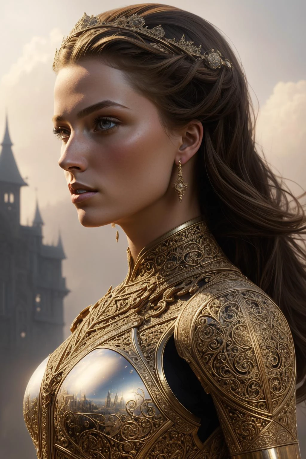 (masterpiece), (extremely intricate:1.3), (realistic), portrait of a girl, the most beautiful artwork in the world, (medieval armor), metal reflections, upper body, outdoors, intense sunlight, far away castle, professional oil painting of a stunning woman by Ed Blinkey and Atey Ghailan and Jeremy Mann and Greg Rutkowski, detailed, sharp focus, dramatic, award winning, matte drawing, cinematic lighting, octane render, unreal engine, volumetrics dtx