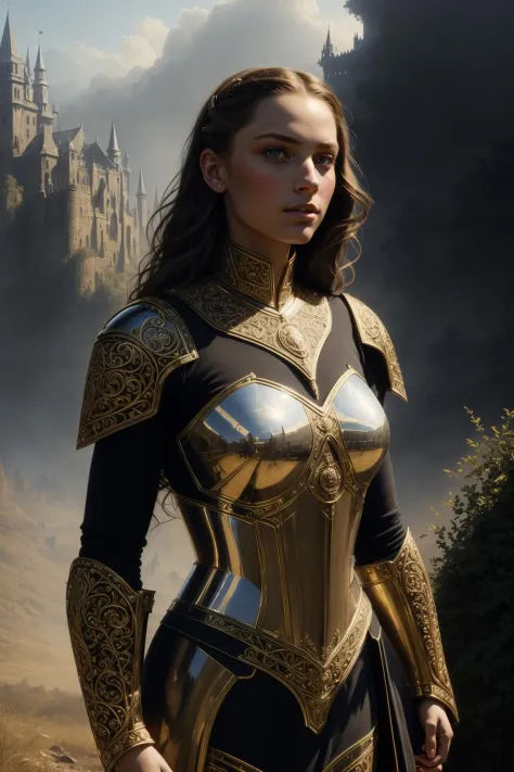 (masterpiece), (extremely intricate:1.3), (realistic), portrait of a girl, the most beautiful artwork in the world, (medieval armor), metal reflections, upper body, outdoors, intense sunlight, far away castle, professional oil painting of a stunning woman ...