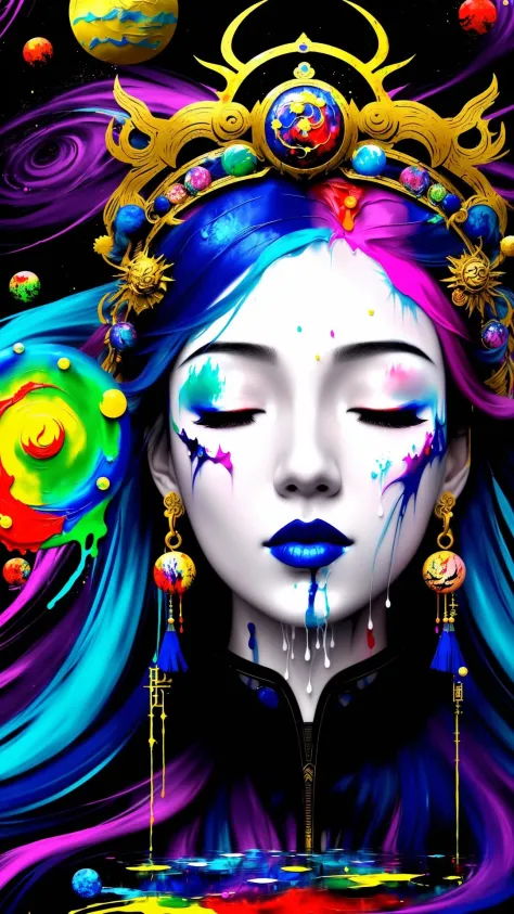 a beautiful girl, closed eyes, portrait, horror anime style, dread and fear, (((splash of paint))), (((colorful))), (((floating colorful paint))), goddess of death, Japanese mythology, (featuring mythical creatures), solar system, milky way, dream, fantasy...