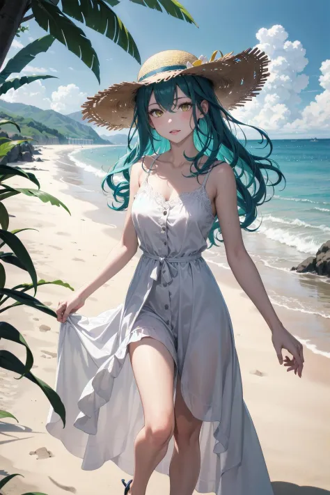 absurdres, highres, ultra detailed,
1girl, adult, aqua hair, long wave hair, yellow eyes, medium breasts,
white long dress, long skirt, straw hat,
walking seaside, breeze,