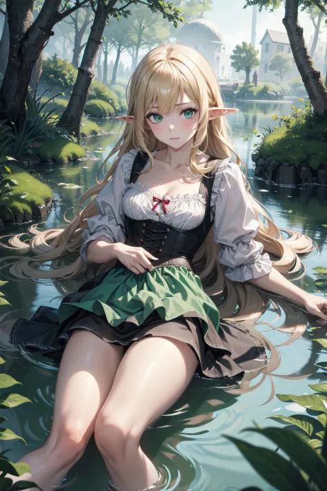 absurdres, highres, ultra detailed,
1girl, adult, blonde hair, long hair, green eyes, medium breasts,
fantasy, elf, dirndl, gloom expression,
forest, lake, lying back on water,