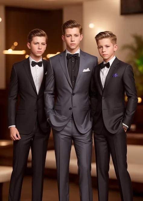 three young men in suits standing next to each other in a room