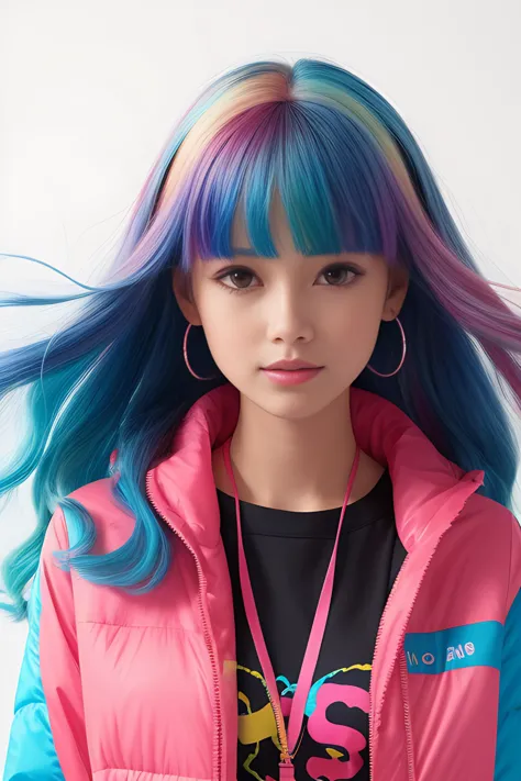 a close up of a person with a colorful hair and a jacket