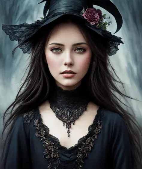 ornate, intricate details, beautiful witch, gothic style, hyper-realistic fantasy art, digital illustration, beautiful dark ange...