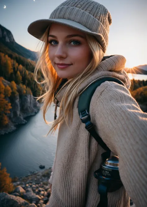 1 blonde woman ((upper body selfie, happy)), masterpiece, best quality, ultra-detailed, solo, outdoors, (night), mountains, nature, (stars, moon) cheerful, happy, backpack, sleeping bag, camping stove, water bottle, mountain boots, gloves, sweater, hat, fl...