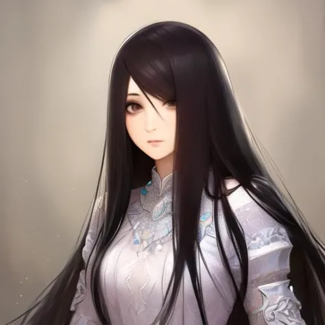 a woman with long black hair and a white dress