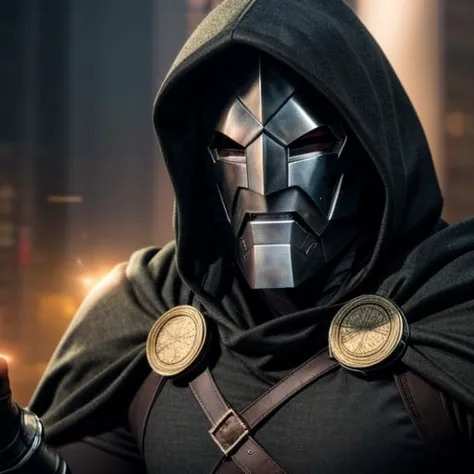 a man fighting with spells on a skyscraper<lora:DoctorDoomLoRA:0.5> mask, hood, cape, belt, armor, cloak, gauntlets,closeup face...