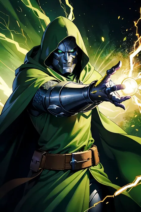 doctor doom, mask, green hood, cape, cloak, armor, belt, looking at viewer, dynamic shot, action pose, holding electricity, energy spell, yellow aura, illustration, high quality, masterpiece,  <lora:DoctorDoomLoRA:.4>