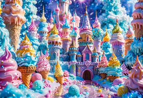 Fantasy castle, Landscape, ice cream, vivid colors, vibrant, 4k,  <lora:lora:0.8> babycream