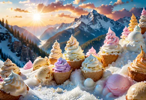 Iced mountain, Landscape, ice cream, sun ray, sunset, vibrant, 4k,  <lora:lora:0.8> babycream