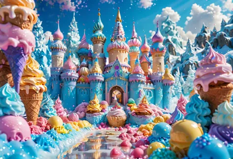 Fantasy castle, Landscape, ice cream, vivid colors, vibrant, 4k,  <lora:lora:0.8> babycream