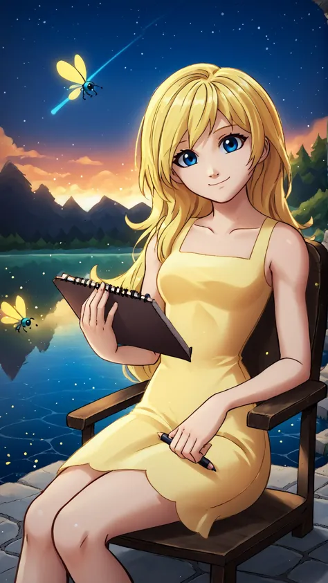 <lora:Namine:0.8> namine, 1girl, solo, blonde hair, blue eyes, long hair, cute, stone floor, holding sketchbook, pen, chair, <lora:lukethighwalkerneonv8:0.8> glowing-neon-colour-clothing, blue, yellow, dress, fireflies, smile, head tilt, lake, clouds, night sky,, score 9, score 8 up, score 7 up, score 6 up, score 5 up, score 4 up,