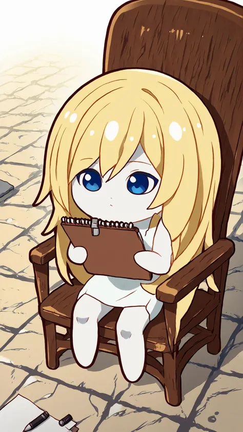 <lora:Namine:0.8> namine, 1girl, solo, blonde hair, blue eyes, long hair, <lora:KurukurumagicalsChibiMix_XLPD:0.8> chibi, white skin, cute, stone floor, holding sketchbook, pen, chair,, score 9, score 8 up, score 7 up, score 6 up, score 5 up, score 4 up,