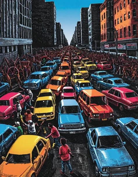 Scratchboard-Illustration, In dieser lebhaft gesättigten Szene, die an ein Foto von William Eggleston erinnert, ein chaotischer Verkehrsstau entfaltet sich auf einer sonnendurchfluteten Stadtstraße. Autos verschiedener Farben und Marken, Ihr Lack glänzt im intensiven Licht, stehen Stoßstange an Stoßstange, Hupen ertönen in einer Kakophonie der Frustration. Treiber, verärgert über den Verkehrskollaps, sich auf hitzige Diskussionen einlassen, wild gestikulierend aus ihren Fahrzeugen.
Inmitten dieses Chaos, ein Eiswagen – seine leuchtenden Farben und sein verspieltes Gebimmel bilden einen starken Kontrast zur umgebenden Spannung – bahnt sich seinen Weg durch den Stau, Verteilen von eisgekühlten Leckereien an die Zuschauer, darunter eine Gruppe tanzender Bauarbeiter in Bauhelmen, ihre Werkzeuge für einen Moment vergessen, während sie in der unerwarteten Unterhaltung schwelgen.
Der Verkehrspolizist im Zentrum dieses Wirbelsturms, seine Uniform ein Meer aus Rot und Blau inmitten des Chaos, wirkt überwältigt, aber entschlossen, als er versucht, den unkontrollierten Fahrzeugstrom zu lenken, seine Pfeife war wirkungslos gegen den Lärm. Die Szene ist eine der Unordnung, Dennoch gibt es eine unbestreitbare Energie und Leben, die dieses chaotische Tableau durchdringt.