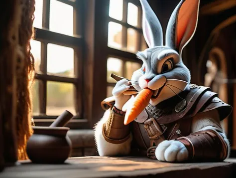 kinematographisches Foto, preisgekröntes HD-Porträtfoto von  (Anthro Bugs Bunny:1) als alter Wikingerkrieger, Met aus einem Kuhhorn trinkend, (eine Karottenzigarette rauchend:1, gefüllte Aschenbecher:1), in einer mittelalterlichen, hellen Taverne vor einem Fenster, Sonnenaufgang, Stil-Sauferei, grimmig, Tod, (Hintergrundbeleuchtung:1), digitale Zeichnung, Konzeptkunst, glatt, scharfer Fokus, Drittelregel, Fantasie,komplizierte Details, Weitwinkelaufnahme, 
 0001SRGutesBildV3, . 35mm Fotografie, Film, bokeh, Fachmann, 4k, sehr detailliert