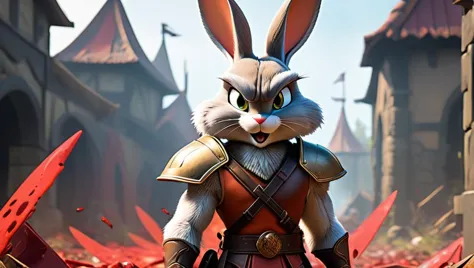 a close up of a rabbit in armor standing in a field of red flowers