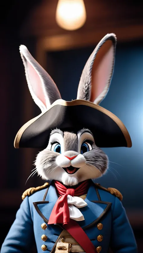 a close up of a rabbit wearing a hat and a blue jacket