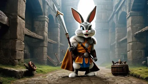 a close up of a rabbit with a sword in a castle