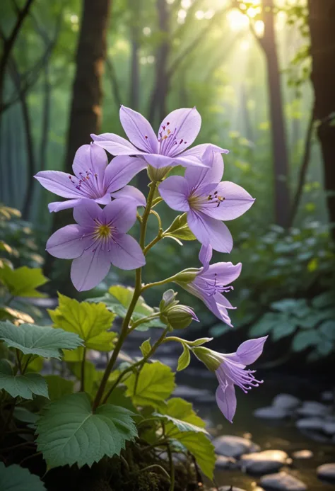 (medium full shot) of (delicate flower) with violet petals, tubular shaped flower, veined, musky scent, entangled with delicate ...