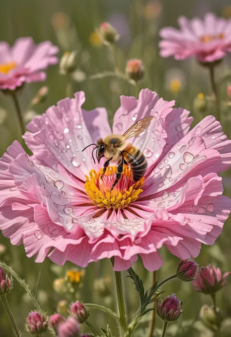 (medium full shot) of (pristine flower) with pink petals, ruffled shaped flower, speckled, herbal scent, adorned with tiny crystals, located in  a field of wildflowers, with vibrant colors, gentle breezes, buzzing bees, serene setting, ,Masterpiece,best quality, raw photo, realistic, very aesthetic