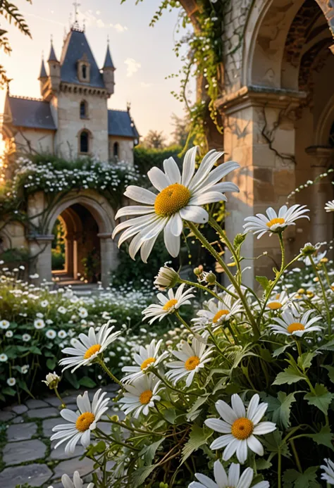 (medium full shot) of (ethereal flower) with white petals, daisy-like shaped flower, dotted, floral scent, entangled with delicate vines, located in  a magical castle garden, with vibrant flowers, soft light, ethereal ambiance, secluded beauty, at dawn, ,Masterpiece,best quality, photo, realistic, very aesthetic,