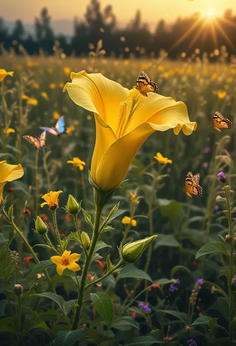 (medium full shot) of (mesmerizing flower) with yellow petals, trumpet shaped flower, edged with a contrasting color, earthy sce...