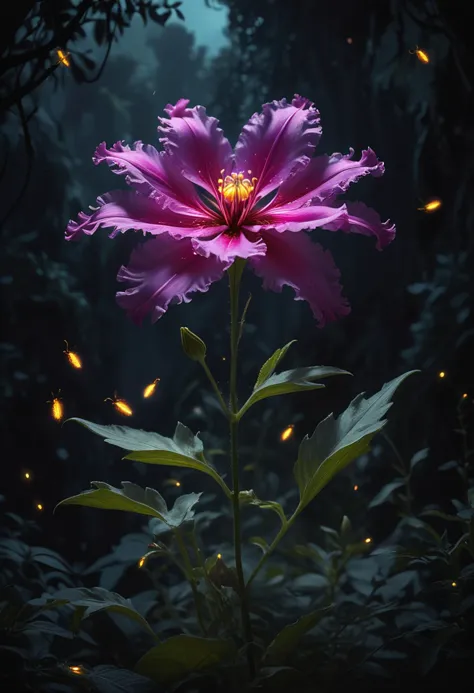 (medium full shot) of (pristine flower) with magenta petals, frilled shaped flower, veined, spicy scent, surrounded by glowing f...